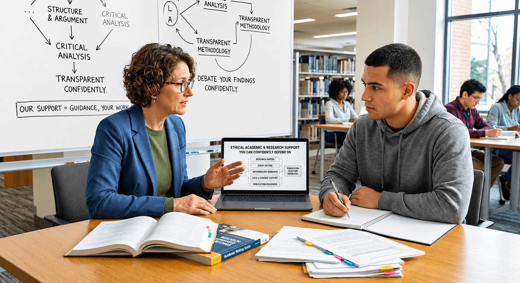 Academic support consultation with a mentor and student in a library